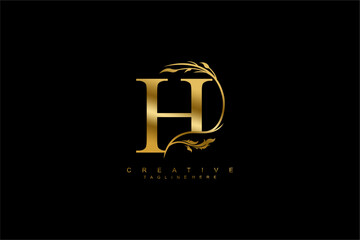 luxury gold letter H logo design with beautiful flower and leaf ornaments. monogram H, logo typography. initials H. typography. for business logos, boutiques, companies, beauty, etc