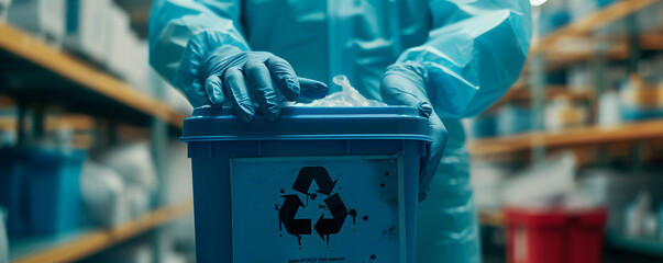 Close up of gloved hands handling a biohazard container in a medical research lab, safety protocols in action, with clear emphasis on meticulous care - obrazy, fototapety, plakaty