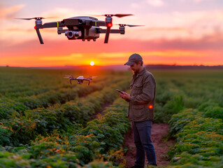 An agronomist farmer controls drones from his phone in the field. Generative AI