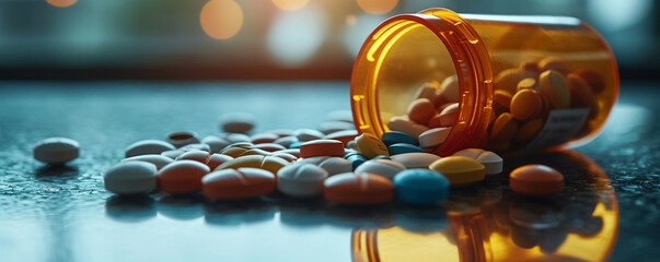 Detailed shot of prescription pills spilling out from an open bottle onto a reflective surface, focusing on the variety of shapes and colors