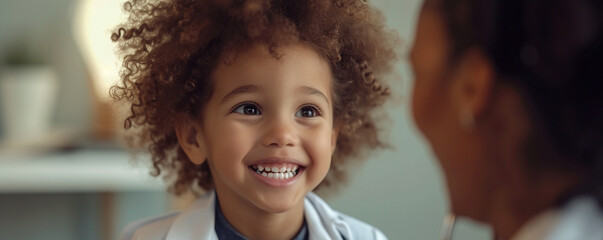 Zoomed-in shot of a childs brave smile during a medical consultation, with a pediatric caregiver offering support and encouragement - obrazy, fototapety, plakaty