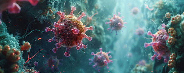 Fototapeta na wymiar detailed visualization of a virus attaching to a human cell, initiating infection, focus on viral mechanisms