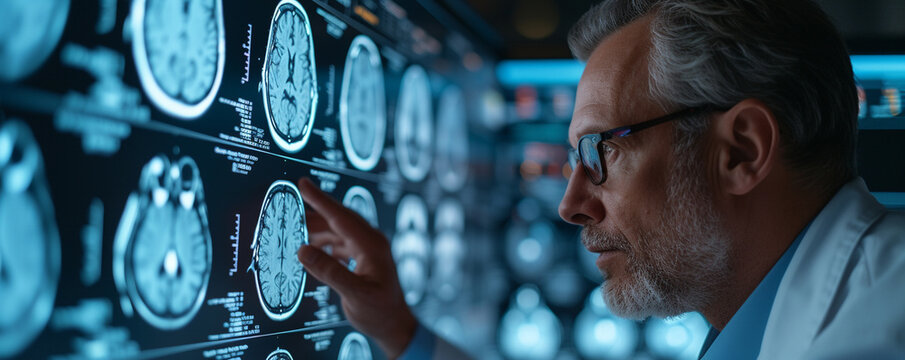 Macro shot of a neurologist reviewing a brain MRI scan, with a focus on the detailed images that reveal the intricate structures of the brain