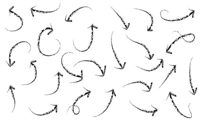 Ink arrow illustration isolated. Grunge arrow icon. Sketch curved arrow. Hand drawn arrow. Doodle Vector Arrow Set