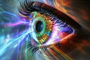 Obraz premium Human Cyborg AI Eye papilledema. Eye color vision glasses optic nerve lens ectropion color vision. Visionary iris optic nerve swelling sight cranial nerve v eyelashes