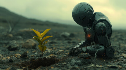 Robot acts like a human trying to plant trees There is only one tree left. The background is a barren land.generative ai