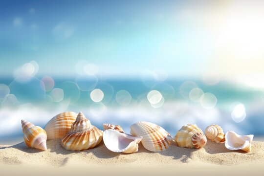 A group of seashells on a sandy beach
