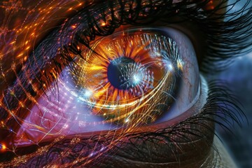 Human Cyborg AI Eye eye surgery complication. Eye looking optic nerve lens cataract color vision. Visionary iris papillomacular bundle sight abducens nerve eyelashes