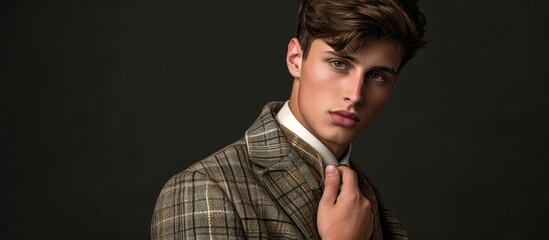 Obraz premium A pleased young man in formal wear is adjusting his tartan plaid tie with a satisfied expression and a thumb gesture.