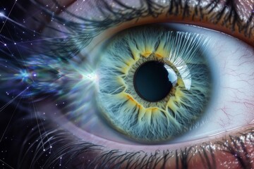 Human Cyborg AI Eye eye health education. Eye lens nucleus optic nerve lens lecp color vision. Visionary iris image sight color vision deficiency treatment eyelashes