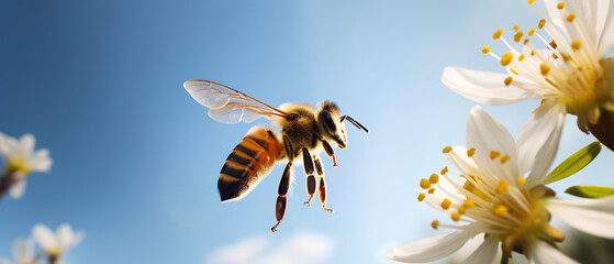 beautiful bee flying near a spring flower