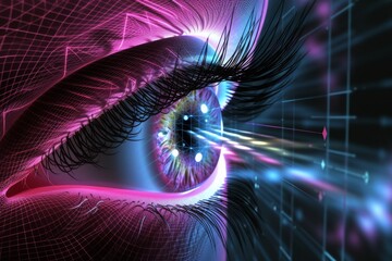 Human Cyborg AI Eye visionary trends. Eye Open angle glaucoma eye drop optic nerve lens lecm color vision. Visionary iris optic nerve ischemia sight scene eyelashes - obrazy, fototapety, plakaty