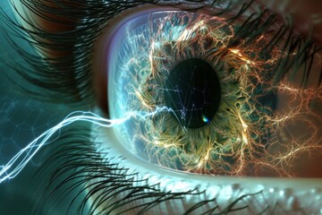 Human Cyborg AI Eye eye examination. Eye papillary stasis optic nerve lens color discrimination color vision. Visionary iris monochromacy sight lensometry eyelashes