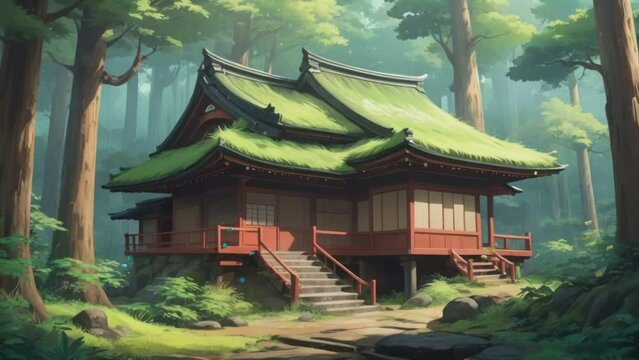 Japanese building in the garden mith many trees and butterflies in the morning