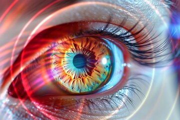 Human Cyborg AI Eye brain. Eye eyelid closure optic nerve lens strabismus surgery color vision. Visionary iris nebula sight lens related refractive errors eyelashes - obrazy, fototapety, plakaty