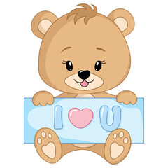 Cute teddy bear boy with the inscription I love you, isolated on a transparent background. Happy Valentine's Day. Vector illustration
