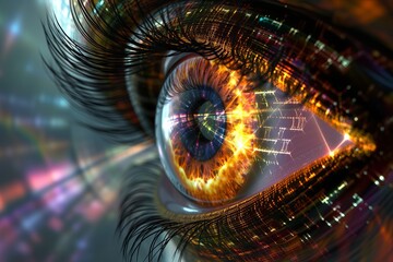 Human Cyborg AI Eye hordeolum. Eye optic disc optic nerve lens rod cells color vision. Visionary iris eye chart sight color vision deficiency epidemiology eyelashes - obrazy, fototapety, plakaty