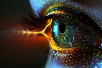 Human Cyborg AI Eye diplopia. Eye visual field test optic nerve lens globe rupture repair color vision. Visionary iris eyelid keywords sight visual search eyelashes - obrazy, fototapety, plakaty