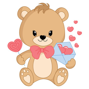 Sweet teddy bear holding a candy and a gift envelope with hearts. Happy Valentine's Day. Vector illustration