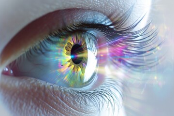 Human Cyborg AI Eye macula. Eye idea optic nerve lens optic nerve cupping color vision. Visionary iris Combination glaucoma eye drop sight ocular surface eyelashes - obrazy, fototapety, plakaty