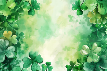 St. Patrick day background with clover leaves frame border in watercolor style.