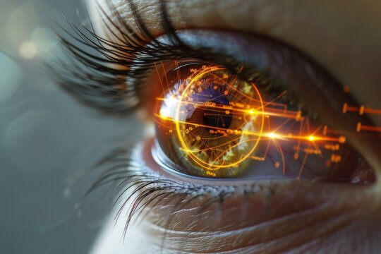 Human Cyborg AI Eye collaboration. Eye optic nerve cupping optic nerve lens cone cells color vision. Visionary iris color constancy sight Miotic eye drop eyelashes
