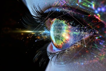 Human Cyborg AI Eye eyeball. Eye optical coherence tomography optic nerve lens pinguecula color vision. Visionary iris macular degeneration sight diopter eyelashes - obrazy, fototapety, plakaty