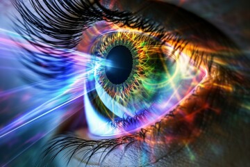 Human Cyborg AI Eye laser eye surgery. Eye posterior dislocation of lens optic nerve lens pinguecula color vision. Visionary iris pupilometer sight moles eyelashes