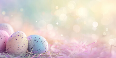 easter eggs speckled painted in nest with blurry bokeh pastel background. 
