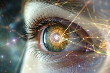 Human Cyborg AI Eye imagination. Eye visual processing optic nerve lens enucleation color vision. Visionary iris visual perception sight crystalline len eyelashes