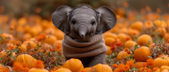 Elephant calf with a scarf, standing amidst a pumpkin patch, with a soft-focus on the theme of growing and learning