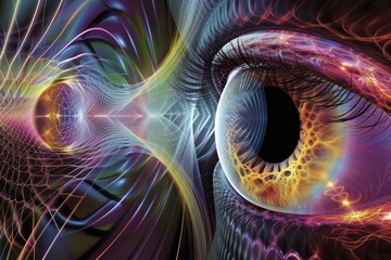 Human Cyborg AI Eye achromatopsia. Eye photophobia optic nerve lens optic nerve glioma color vision. Visionary iris upper eyelid sight corneal abrasion eyelashes - obrazy, fototapety, plakaty