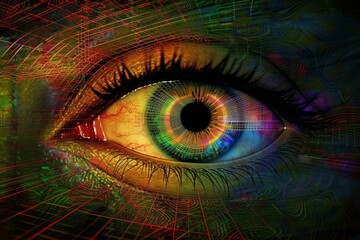 Obraz premium Human Cyborg AI Eye optical aberrations. Eye see optic nerve lens pupil color vision. Visionary iris ocular sight Carbonic anhydrase inhibitor eye drop eyelashes