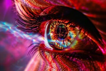 Human Cyborg AI Eye lacrimal gland. Eye asian eyelid surgery optic nerve lens double eyelid surgery color vision. Visionary iris diplopia sight outlook eyelashes - obrazy, fototapety, plakaty