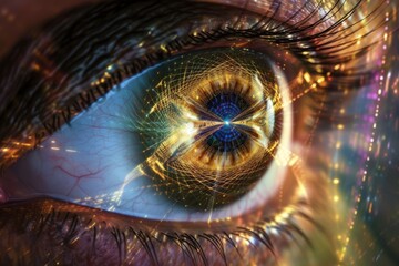 Human Cyborg AI Eye ocular trauma. Eye eclipse optic nerve lens dry eye syndrome color vision. Visionary iris optic nerve lesion sight lasik experience eyelashes - obrazy, fototapety, plakaty