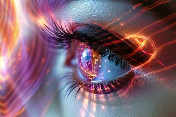 Human Cyborg AI Eye eye treatment. Eye retinitis pigmentosa optic nerve lens eyelid wound care color vision. Visionary iris optical defect sight retina eyelashes - obrazy, fototapety, plakaty