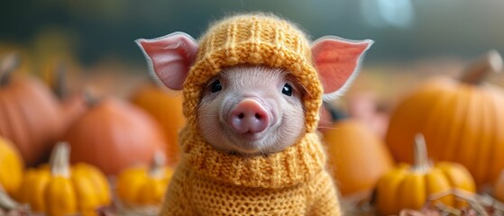 A piglet in a pumpkin knit outfit among gourds, with a farm scene blur, highlights autumn's whimsical aspect