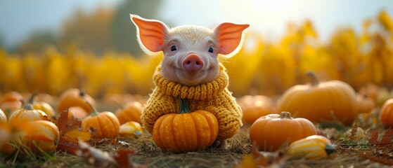 A knitted-costume piglet within a gourd patch, with a soft-focus farm background, illustrates the lighthearted nature of autumn