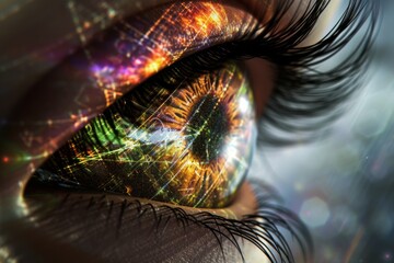 Human Cyborg AI Eye pupil size regulation. Eye brain optic nerve lens extended depth of focus lens color vision. Visionary iris low vision sight makeup eyelashes