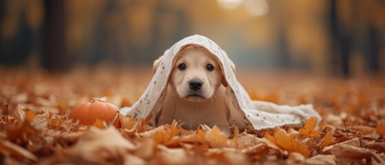 A puppy cloaked as a ghost behind a pumpkin, with an evening scare-scene blur, embodies the playful spookiness of the season