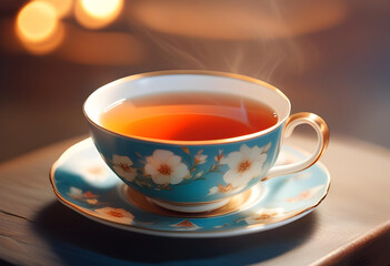 Tea. Cup. Table. Drink. Beverage. Refreshment. Teatime. Relaxation. Aroma. Herbal. Cozy. Warmth. Comfort. Tea Break. Morning. AI Generated. - obrazy, fototapety, plakaty