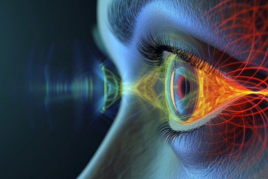 Human Cyborg AI Eye anisometropia. Eye lens cortex optic nerve lens nystagmus color vision. Visionary iris view sight posterior capsular opacification eyelashes