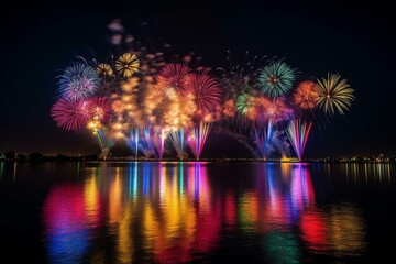 Experience a stunning showcase of fireworks, lighting up the evening sky with vibrant bursts of color to celebrate a joyful and exhilarating festivity. Generative AI