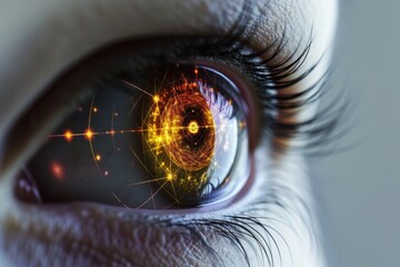 Human Cyborg AI Eye pupilometer calibration. Eye macular pucker optic nerve lens eye safety color vision. Visionary iris eyelid hygiene sight overview eyelashes - obrazy, fototapety, plakaty