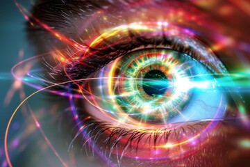Fototapeta na wymiar Human Cyborg AI Eye color vision deficiency findings. Eye pink eye optic nerve lens fractal color vision. Visionary iris lens transparency sight human eyelashes