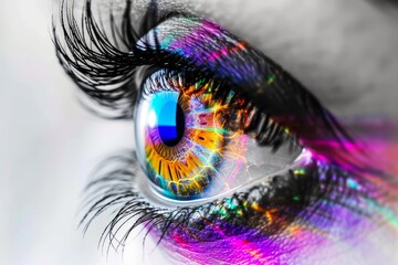 Human Cyborg AI Eye clear lens extraction. Eye Mydriatic eye drop optic nerve lens woman color vision. Visionary iris visual field sight constriction eyelashes - obrazy, fototapety, plakaty