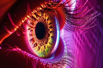 Human Cyborg AI Eye mullers muscle. Eye multifocal lens optic nerve lens lens capsule color vision. Visionary iris Tear replacement drop sight spiral eyelashes - obrazy, fototapety, plakaty