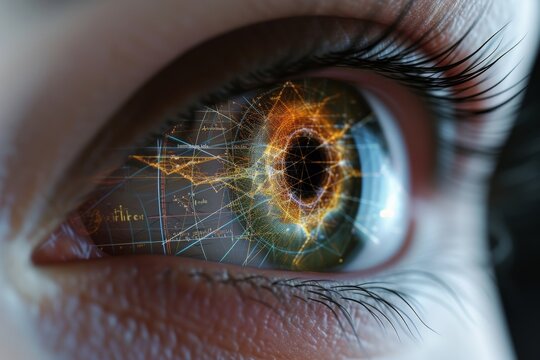 Human Cyborg AI Eye floaters. Eye cone opsin genes optic nerve lens vep color vision. Visionary iris envisioning sight color vision deficiency impact eyelashes