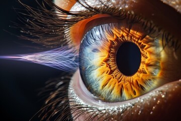 Human Cyborg AI Eye visual acuity. Eye refractive surgery optic nerve lens brain color vision. Visionary iris ectropion sight pupillometry techniques eyelashes - obrazy, fototapety, plakaty