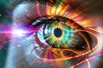 Human Cyborg AI Eye element. Eye eyeball optic nerve lens papillary stasis color vision. Visionary iris color vision deficiency sight eyelid swelling eyelashes
